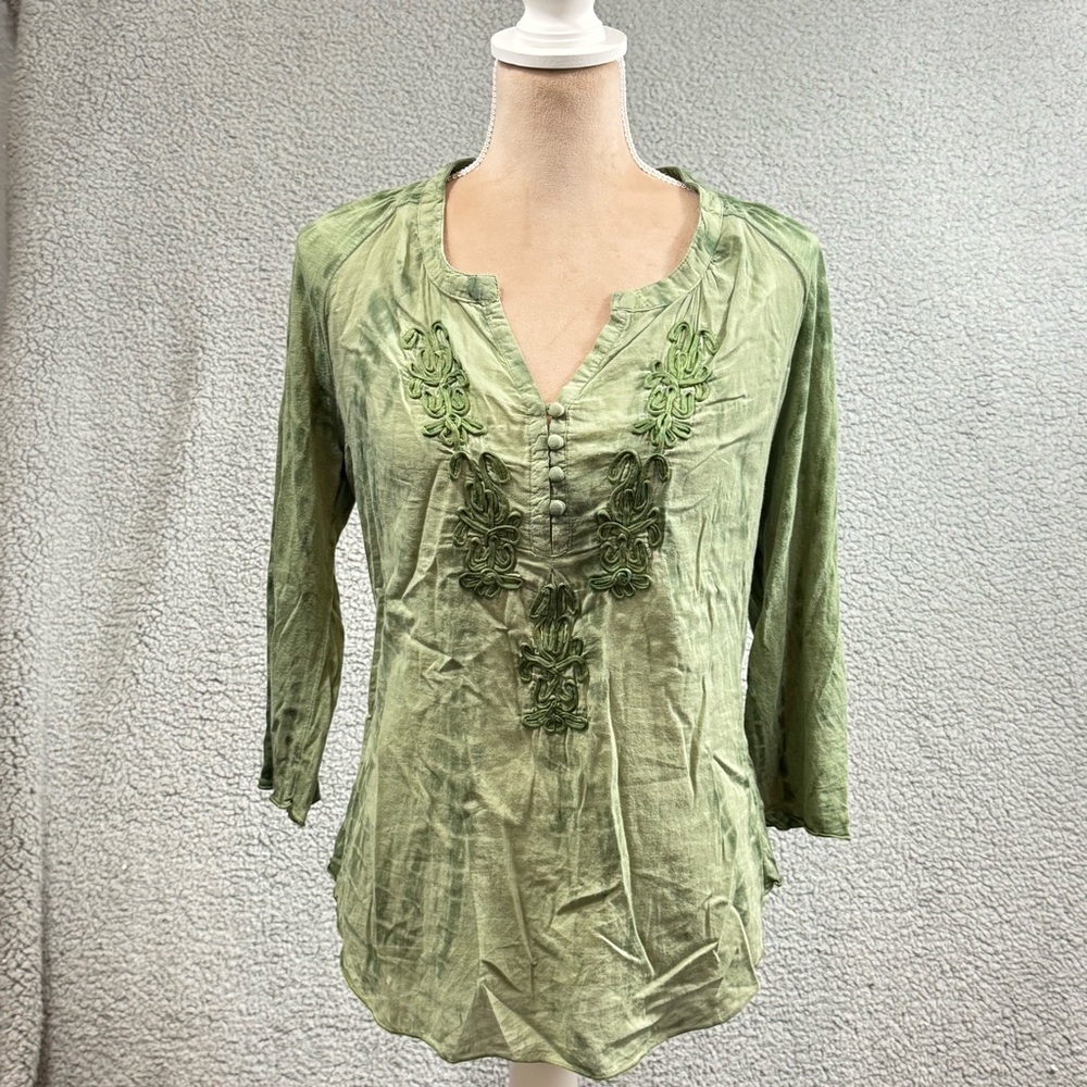 Green‎ Embellished V-Neck Tunic Top Tie Dye Roll Tab Sleeve Boho Hippie Festival